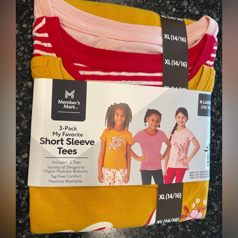 Girls Size 14/16 3 pack of T-shirts. NWT. Member’s Mark. Variety of designs.